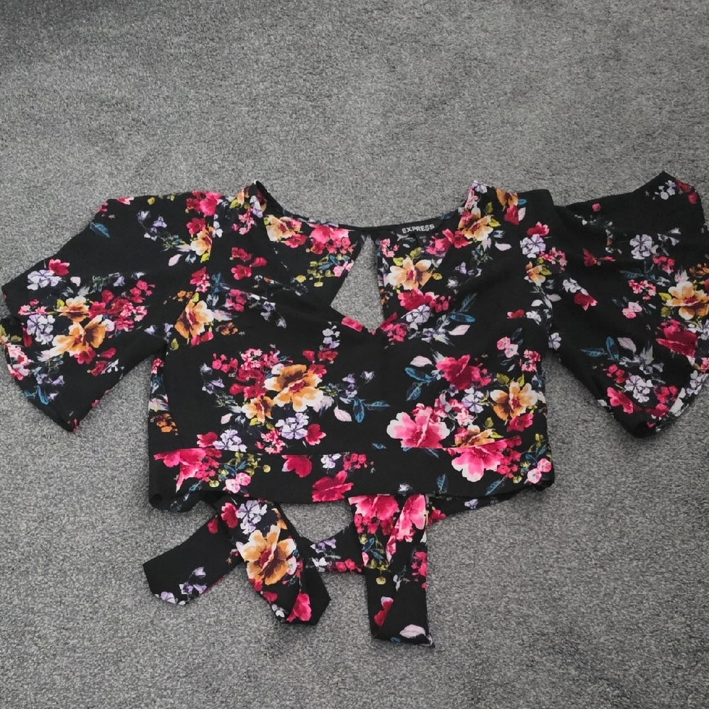 Express Black Floral Tie-Back Crop Top with Pink & Yellow Blooms